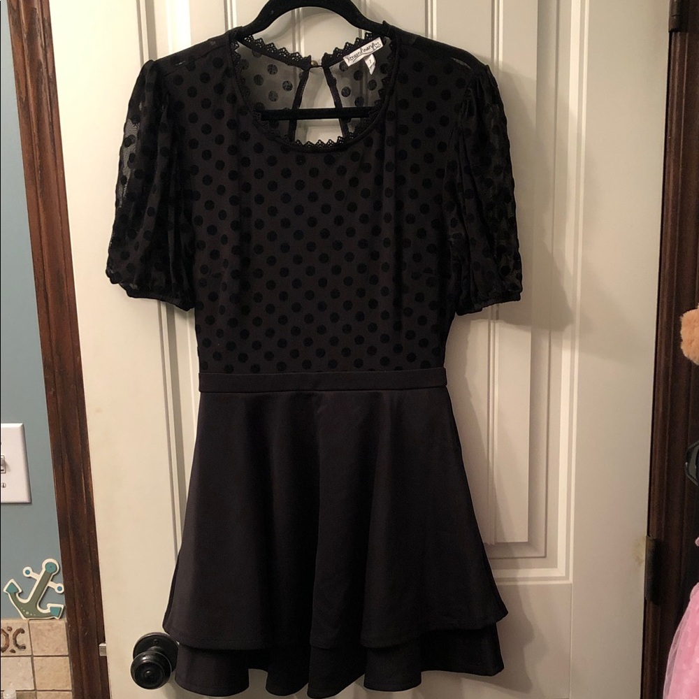 Xtraordinary Black Polka Dot Mesh Puff Sleeve Fit-and-Flare Dress with Pockets